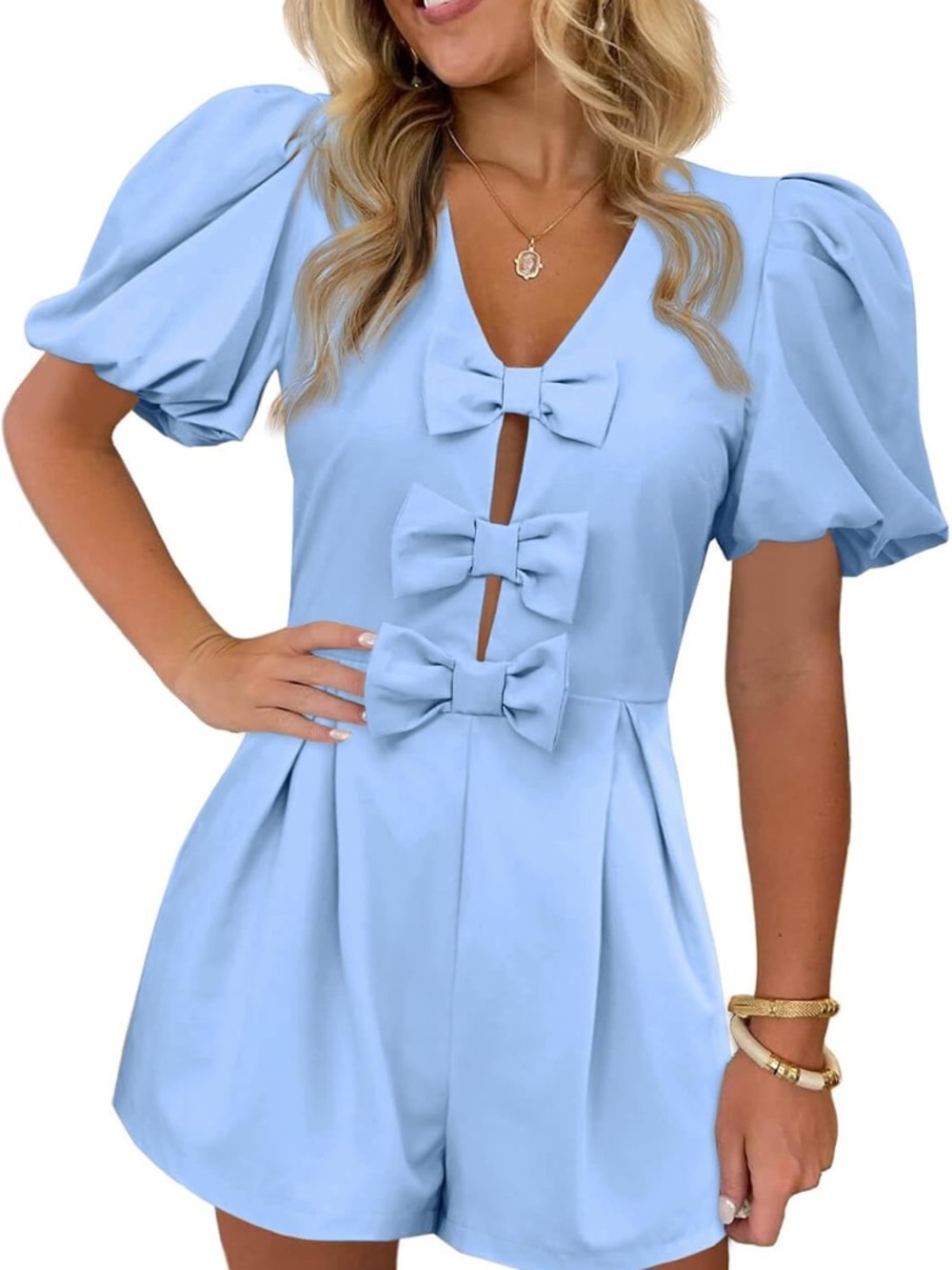 NWT Bow Front Puff Sleeve Romper XL P85